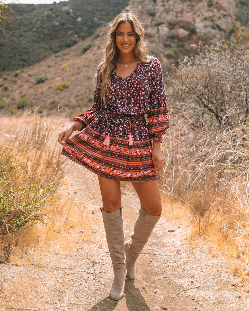 Floral Print V-Neck Long Sleeve Smocked Mini Dress