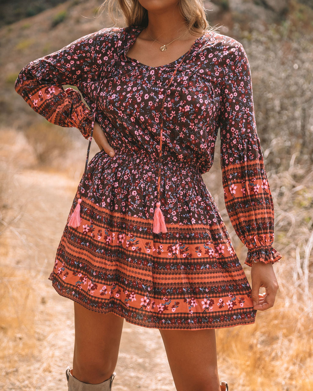 Floral Print V-Neck Long Sleeve Smocked Mini Dress