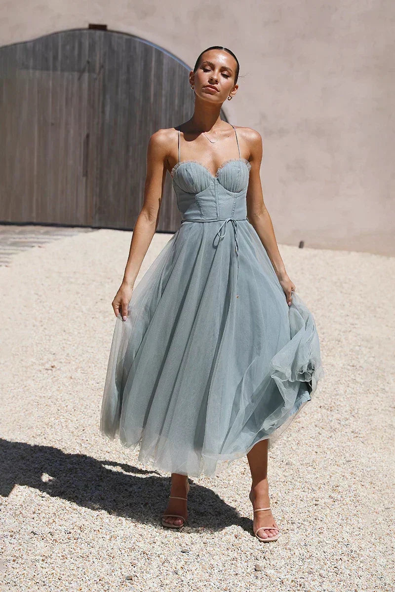 Spaghetti Strap Sweetheart Bustier Tulle Layered Belted Midi Dress - View 8