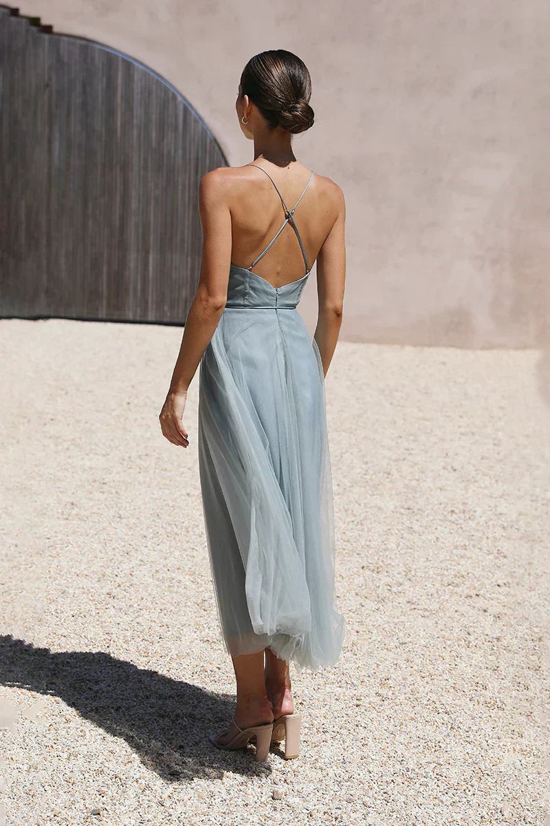 Spaghetti Strap Sweetheart Bustier Tulle Layered Belted Midi Dress - View 5