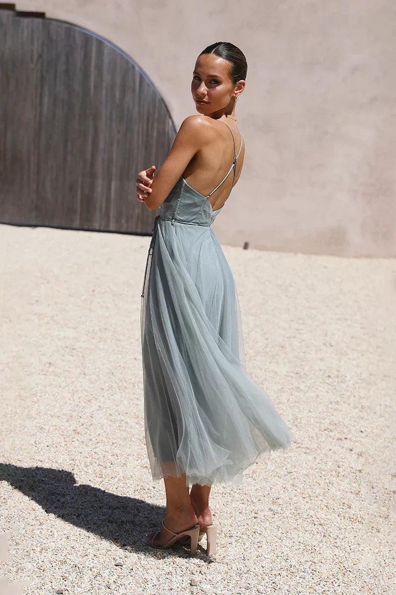 Spaghetti Strap Sweetheart Bustier Tulle Layered Belted Midi Dress - View 6
