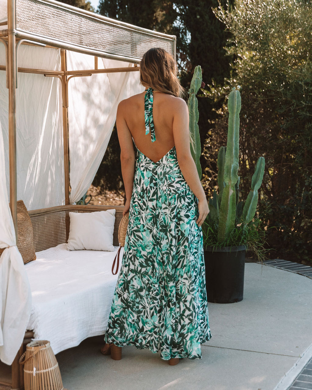 Tropical Print Halter Neck Sleeveless Maxi Dress