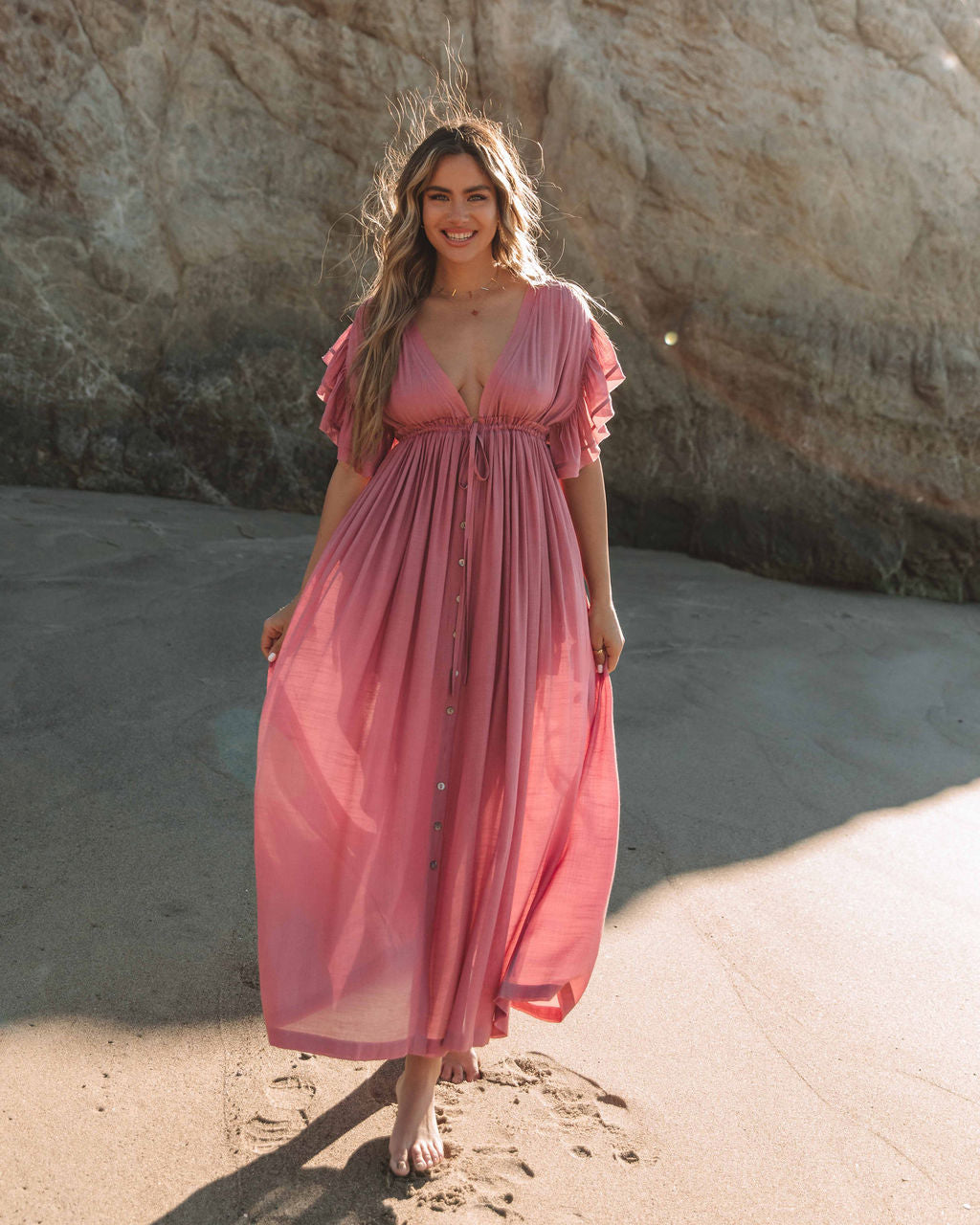 V-Neck Flutter Sleeve Button Front Maxi Dress