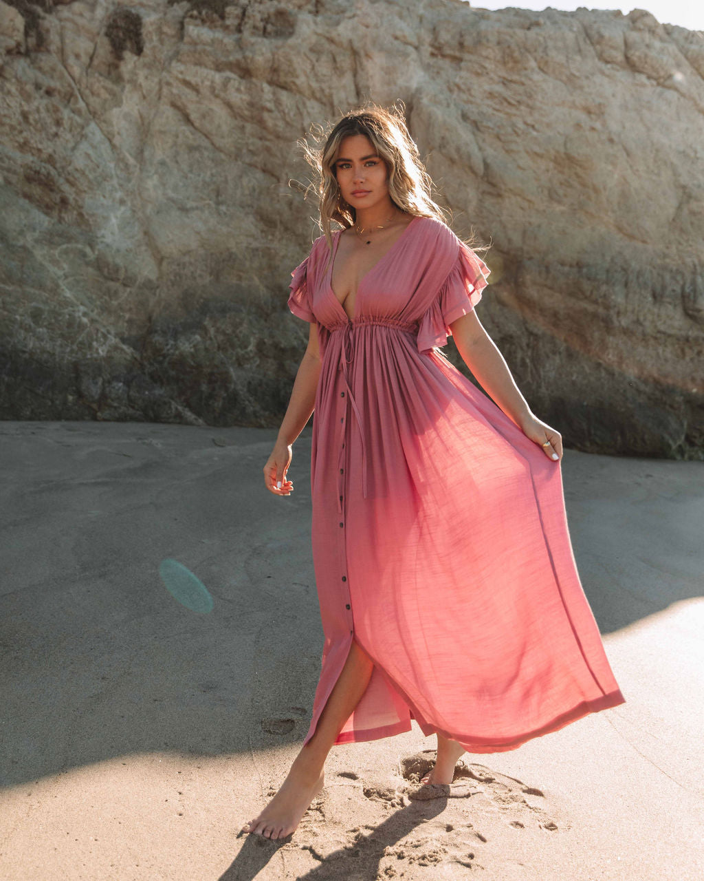 V-Neck Flutter Sleeve Button Front Maxi Dress