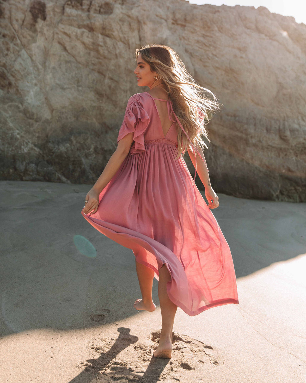 V-Neck Flutter Sleeve Button Front Maxi Dress