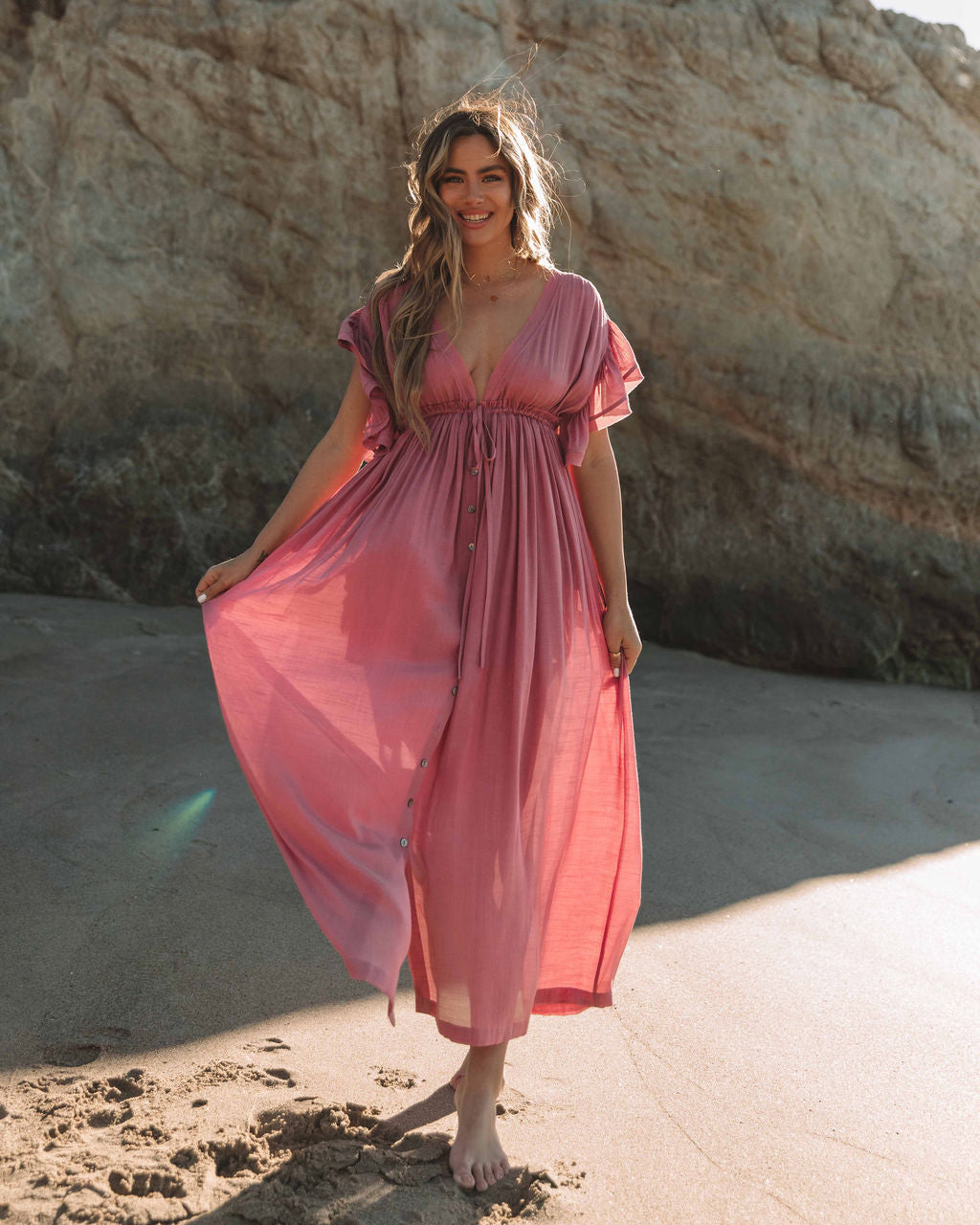 V-Neck Flutter Sleeve Button Front Maxi Dress
