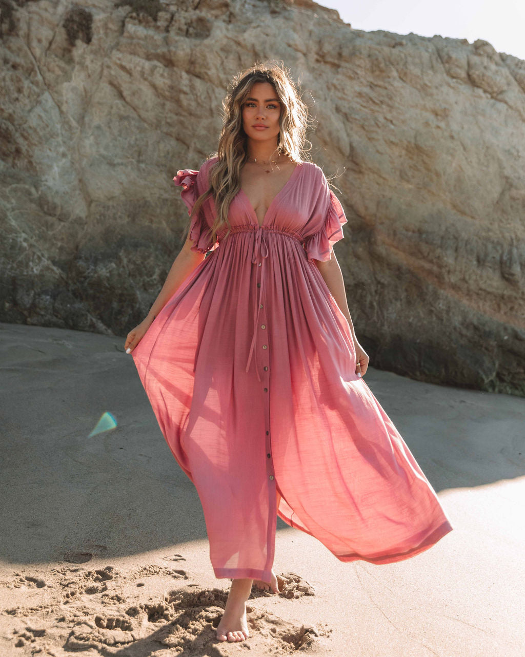 V-Neck Flutter Sleeve Button Front Maxi Dress