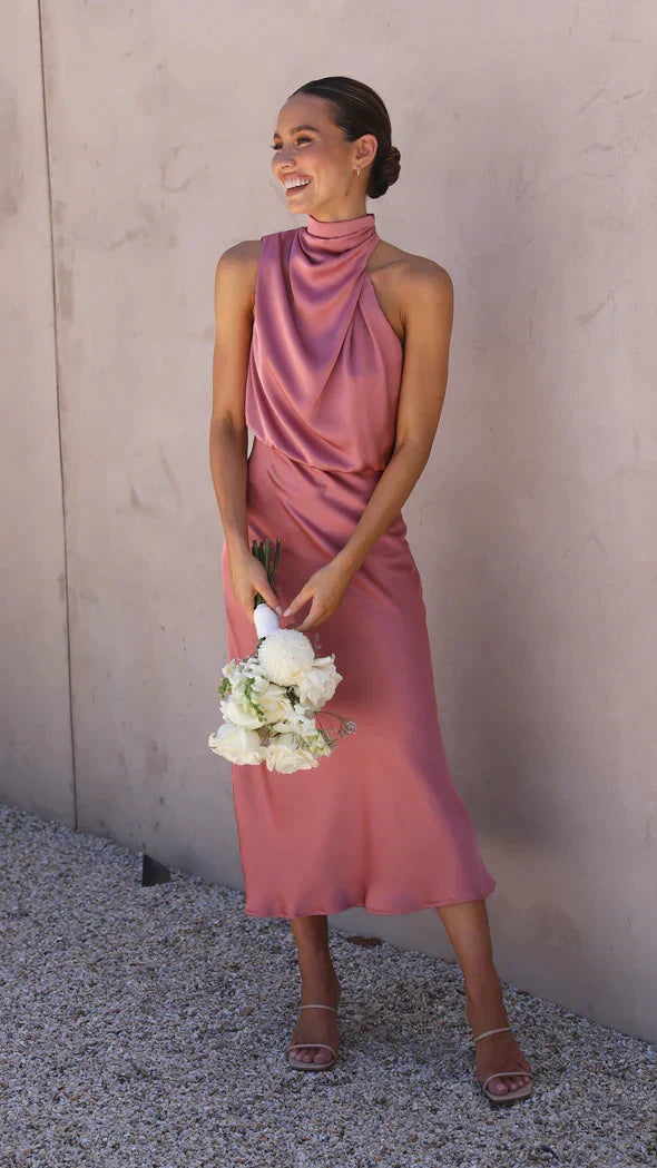 Satin Halter Neck Sleeveless Zip Back Bodycon Midi Dress - View 11