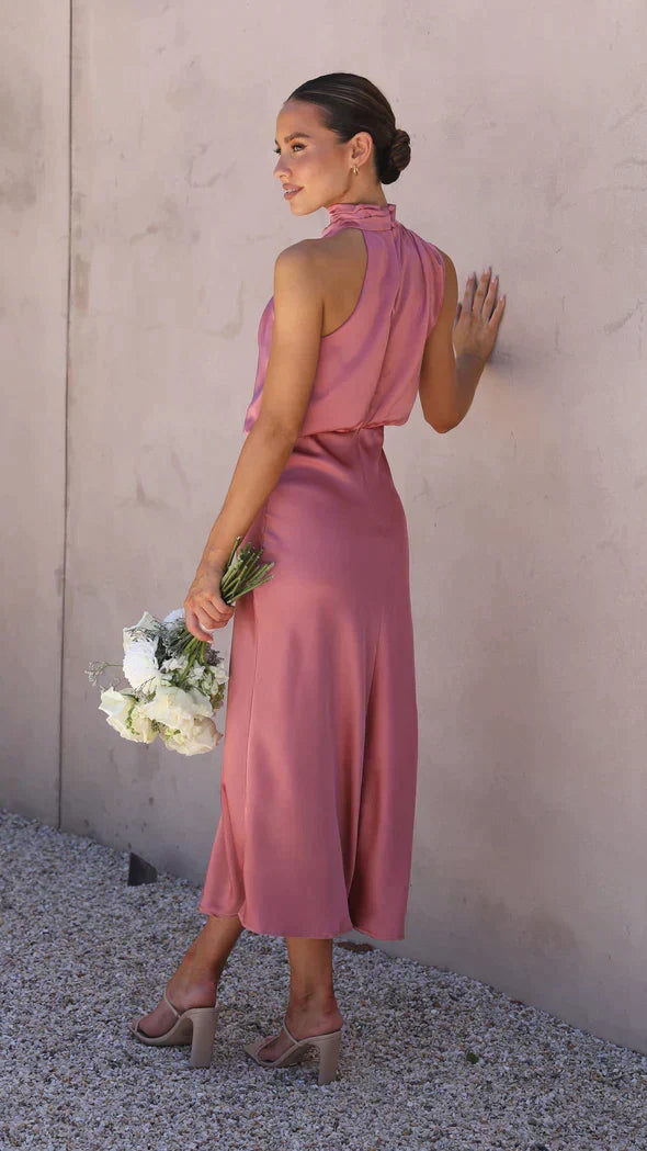 Satin Halter Neck Sleeveless Zip Back Bodycon Midi Dress - View 4