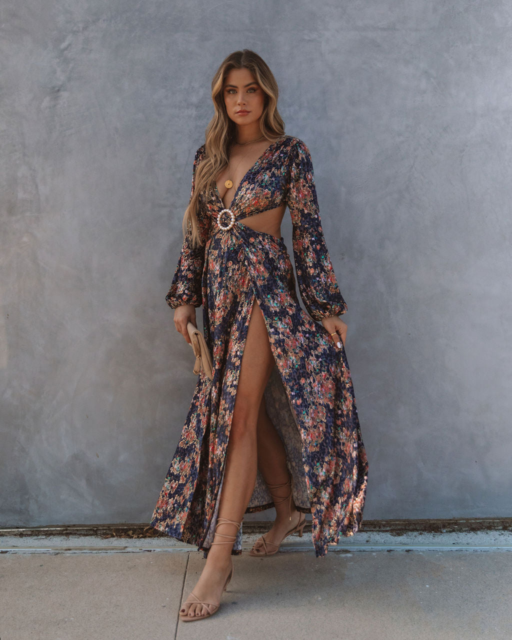 Floral Print Plunge Cut-Out Long Sleeve Maxi Dress