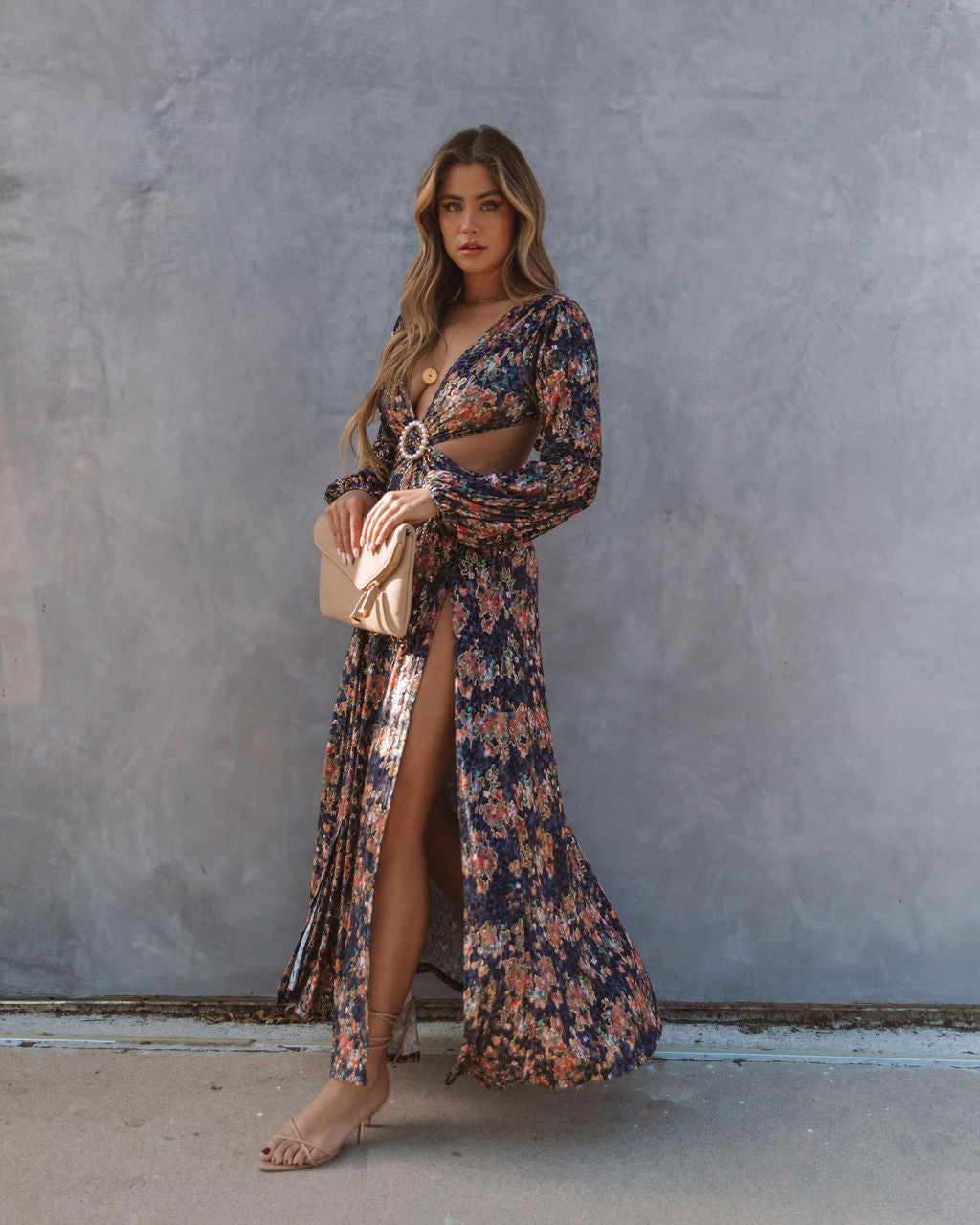 Floral Print Plunge Cut-Out Long Sleeve Maxi Dress
