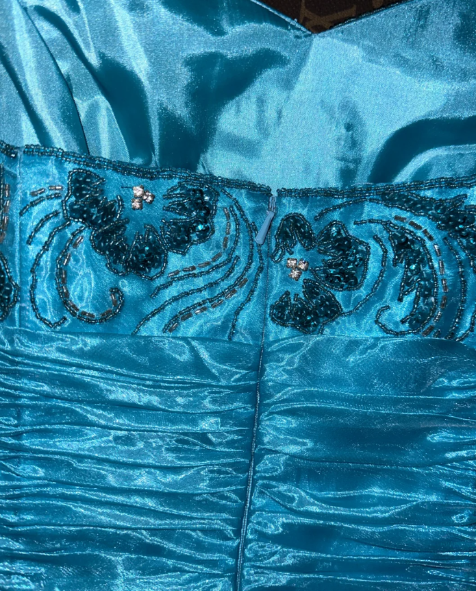 Elegant Strapless Satin Organza Beaded Mermaid Evening Dress Blue Long Party Gown D1428