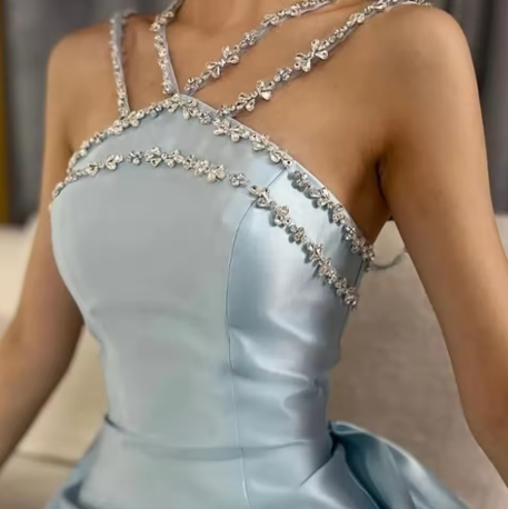 Gorgeous Blue Sleeveless Satin Beaded Mermaid Long Prom Dress Evening Gown D1080