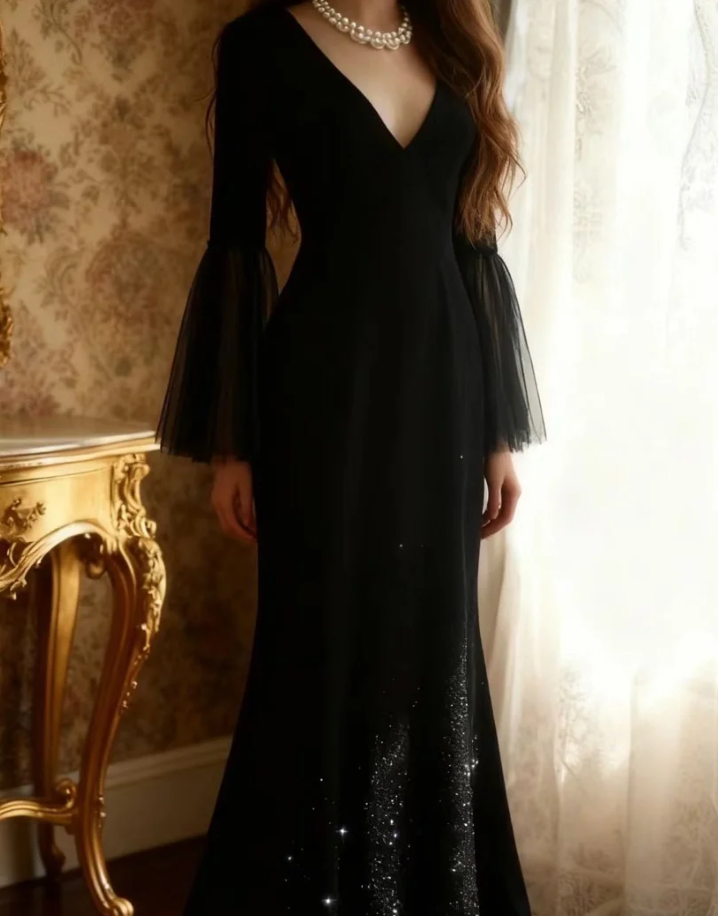 Elegant Black V Neck Satin Sequin Mermaid Party Dress Birthday Prom Gown D1271