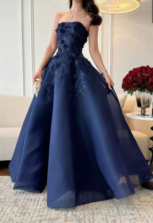 Gorgeous Navy Blue Strapless Organza Appliques Long Party Dress Evening Dress D1201
