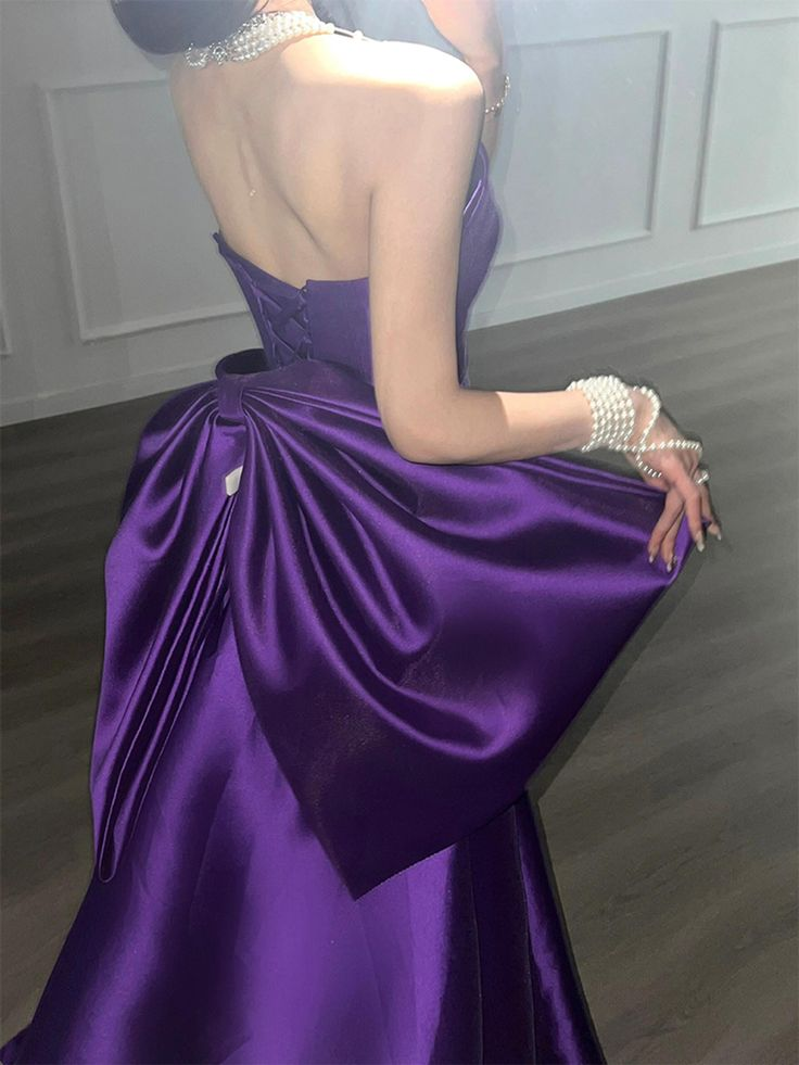 Stylish Purple Satin Strapless Pleated Mermaid Prom Dress Long Evening Dress With Bow D1613