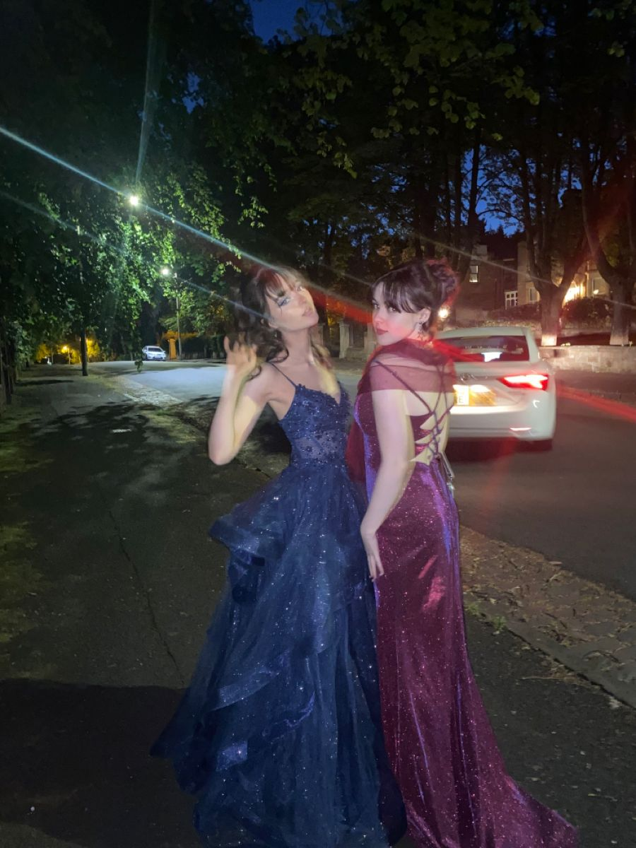 Shiny Spaghetti Straps Navy Blue Tulle Sequin Appliques Long Party Dress Evening Gown D1414