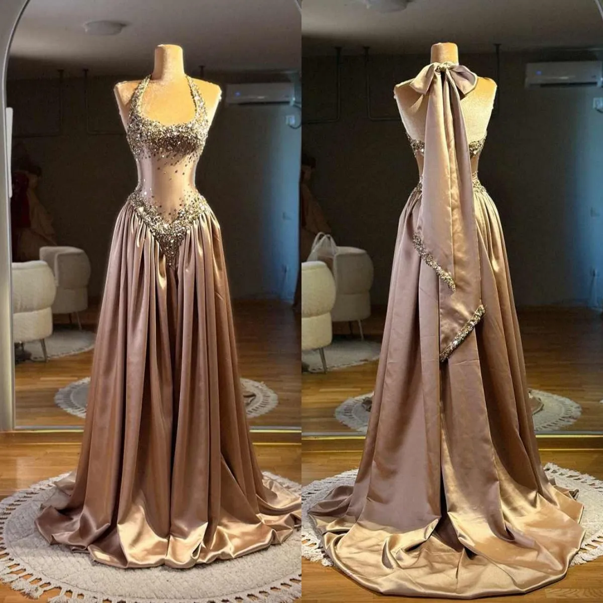 Gorgeous Halter Satin Beaded Long Evening Dress Birthday Party Dress D1281