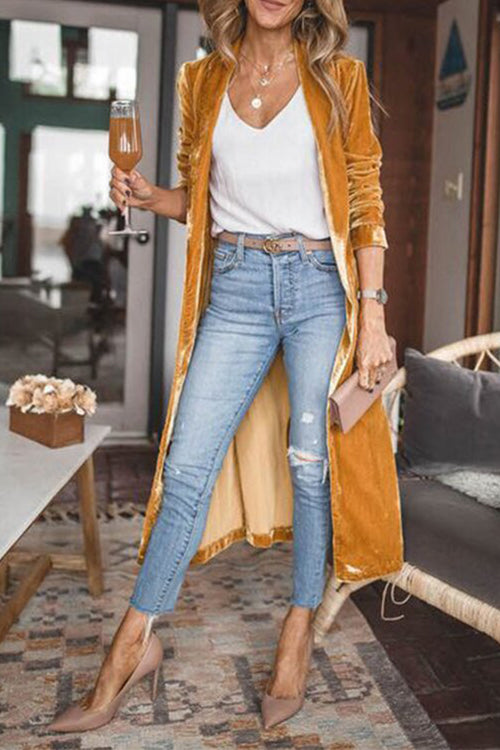 Stylish Open Front Long Sleeve Velvet Long Coat - Fashionpara