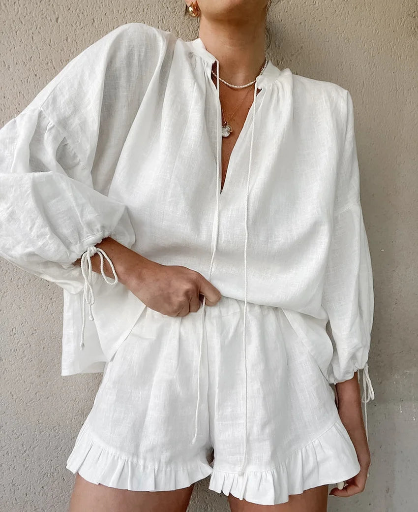 Casual Lantern Sleeve Top Shorts Cotton And Linen Two-piece Set - Fashionpara