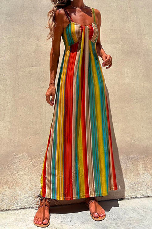 Spaghetti Strap Sleeveless Bow Design Colorful Striped Maxi Vacation Dress - Fashionpara