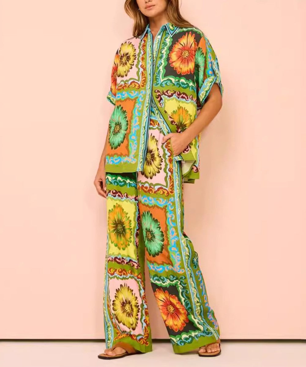 Contrast Flowers Casual Trousers Two -piece Suit - Fashionpara