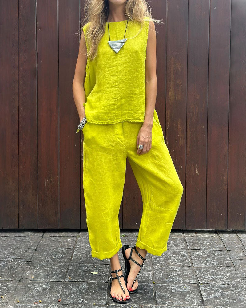 Casual Solid Color Sleeveless Vest & Pants Cotton Linen Two-piece Set - Fashionpara