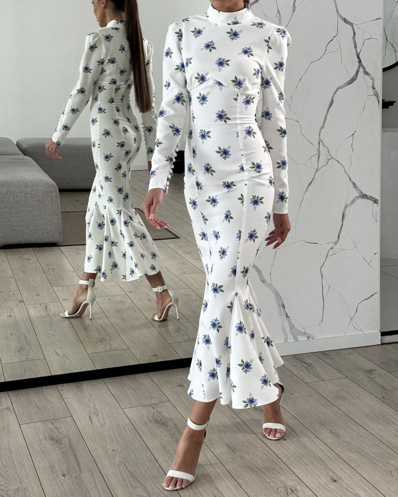 Elegant Half-Collar Floral Print Dress - Fashionpara