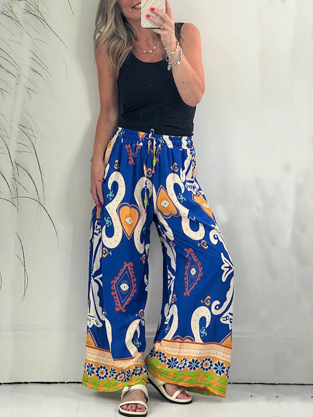 Printed Pocketed Drawstring Elastic Waist Pants - Fashionpara