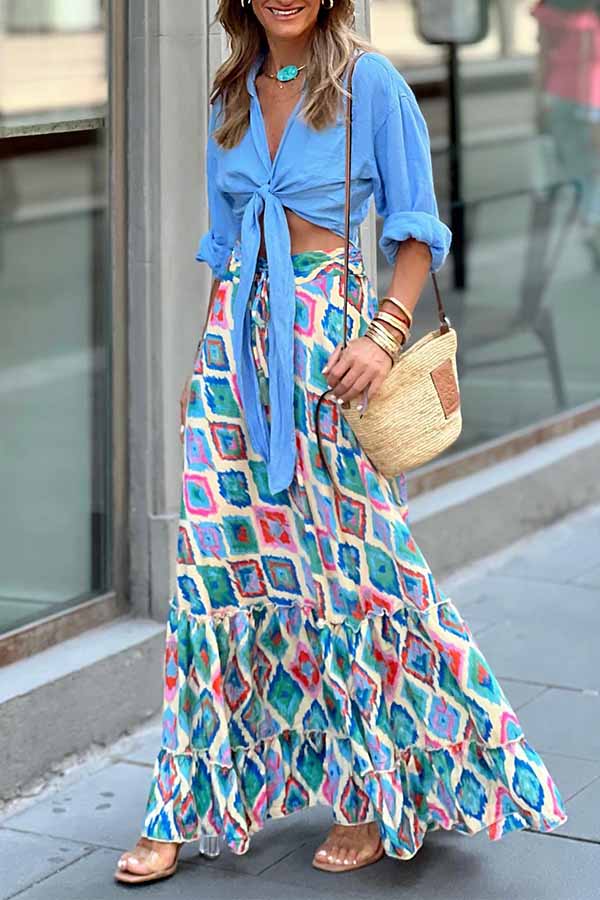 Ethnic Print Drawstring Elastic Waist Maxi Skirt - Fashionpara