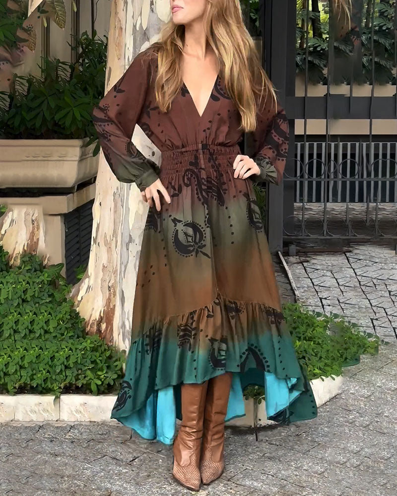 Bohemian resort V-neck printed dress - Fashionpara