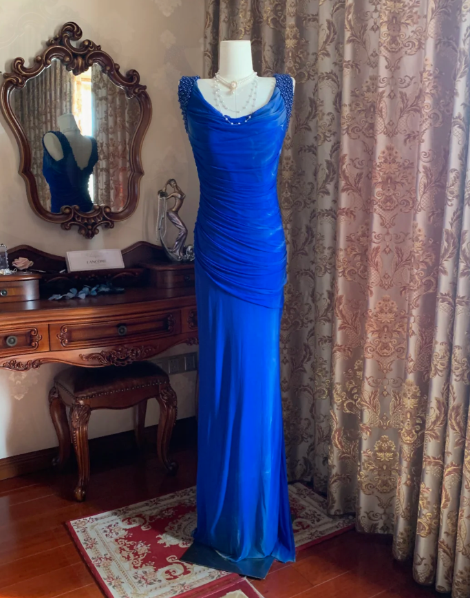 Sexy Royal Blue Tulle Pleated Beaded Mermaid Long Wedding Guest Dress Evening Dress D1716