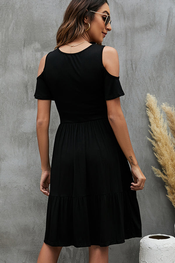 Cold Shoulder Short Sleeve Tiered A-Line Midi Dress