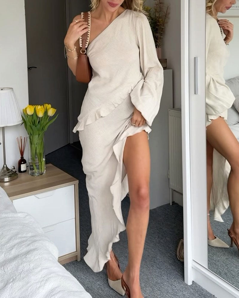 Casual Solid Color Shoulder Single Sleeve Cotton Linen Dress - Fashionpara