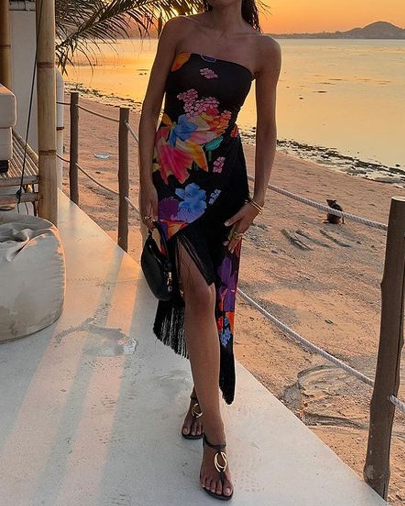 Elegant Vacation Print Fringe Dress - Fashionpara