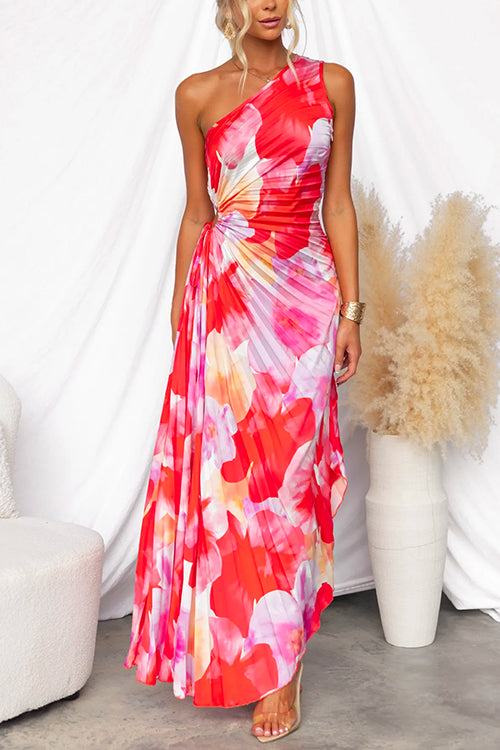 One Shoulder Sleeveless Print Asymmetric Maxi Pleated Dress - Fashionpara