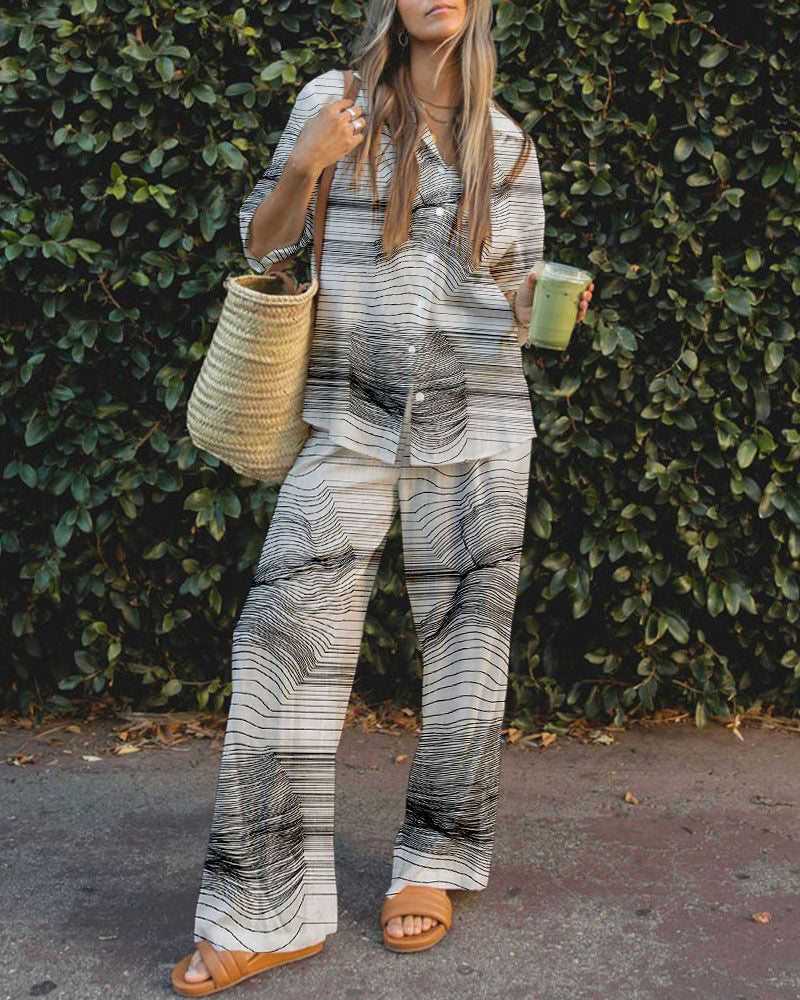 Irregular line printed casual two-piece set - Fashionpara