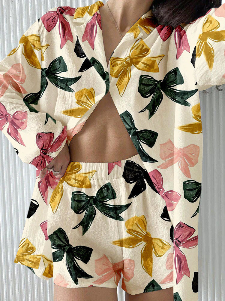 Playful bow print casual two-piece set - Fashionpara