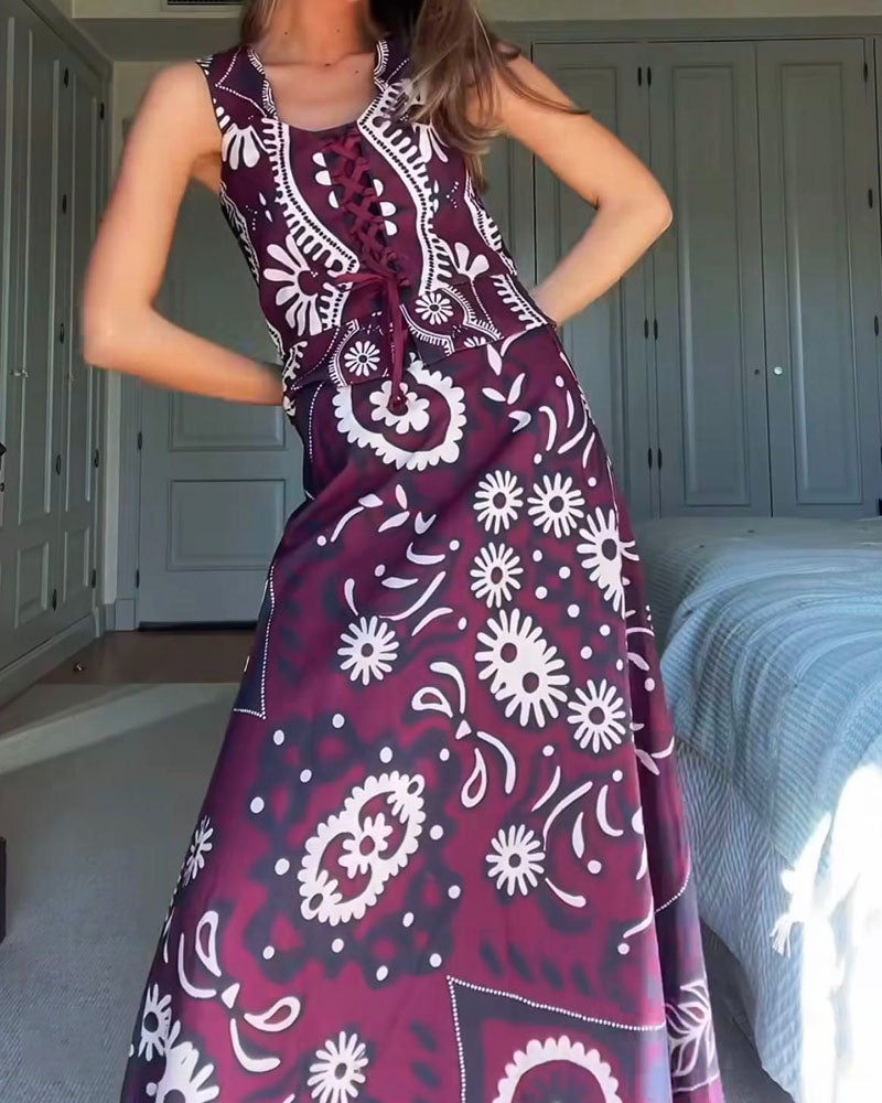 Stylish Print Lace-Up Top & Skirt Two-Piece Set - Fashionpara