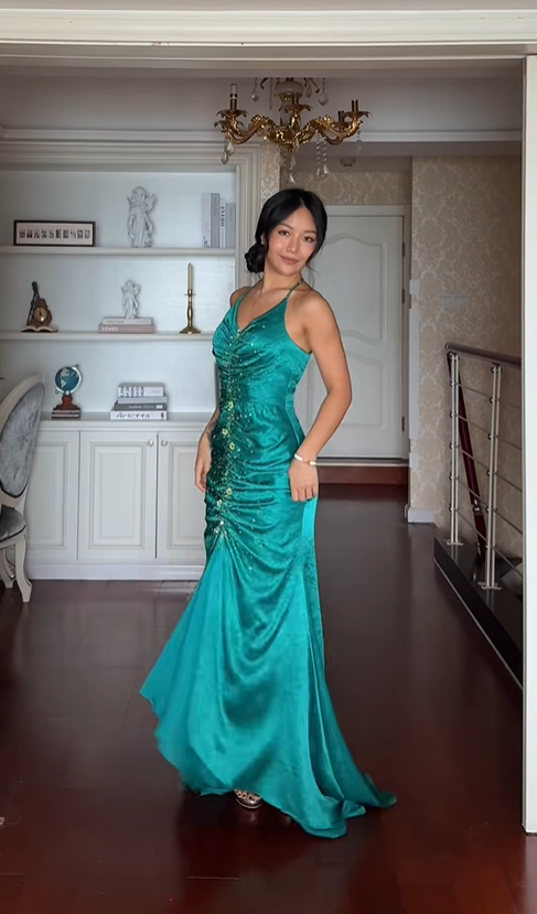 Classy Halter Green Satin Beaded Mermaid Evening Dress Formal Birthday Party Dress D1160