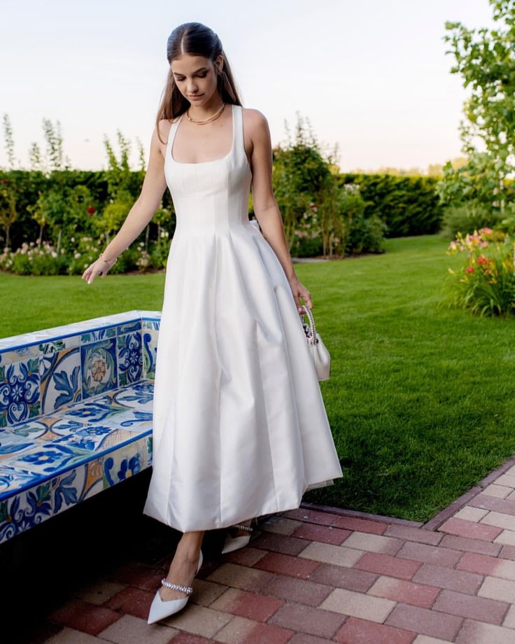 Satin Tulle Midi Wedding Dress, Simple Square Neckline Tea Length Formal Prom Dress