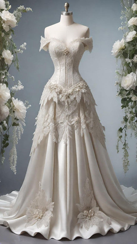 A Line Off Shoulder White Wedding Dress Lace Princess Dress