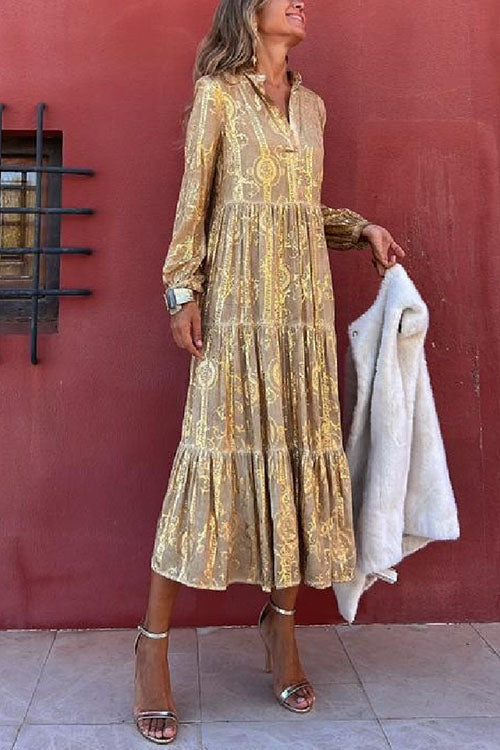 V Neck Unique Printed Ruffle Tiered Midi Dress - Fashionpara