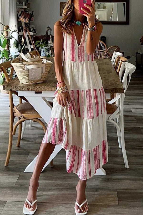 Dreamy Mood Linen Blend Ethnic Colorblock Print A-line Midi Dress - Fashionpara