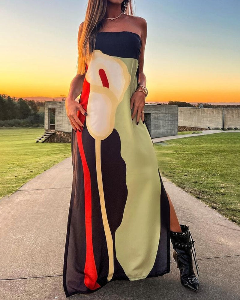 Fashion Art Print Strapless Split Dress - Fashionpara