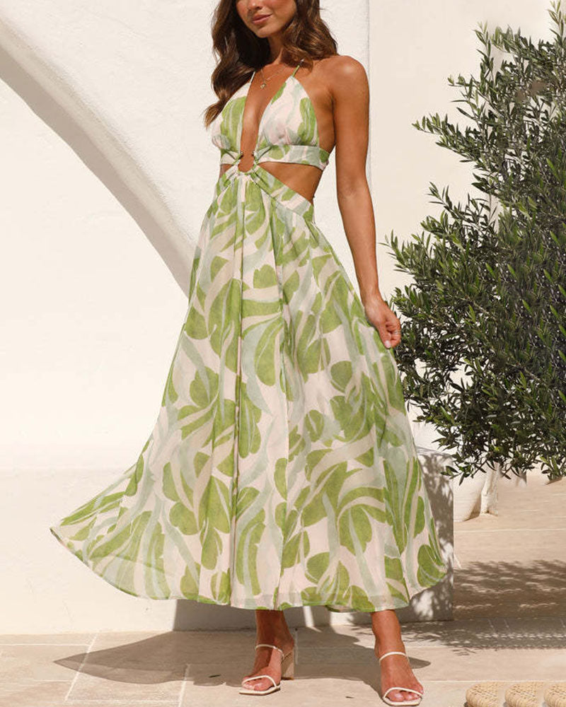 V-neck open back lace-up printed dress - Fashionpara