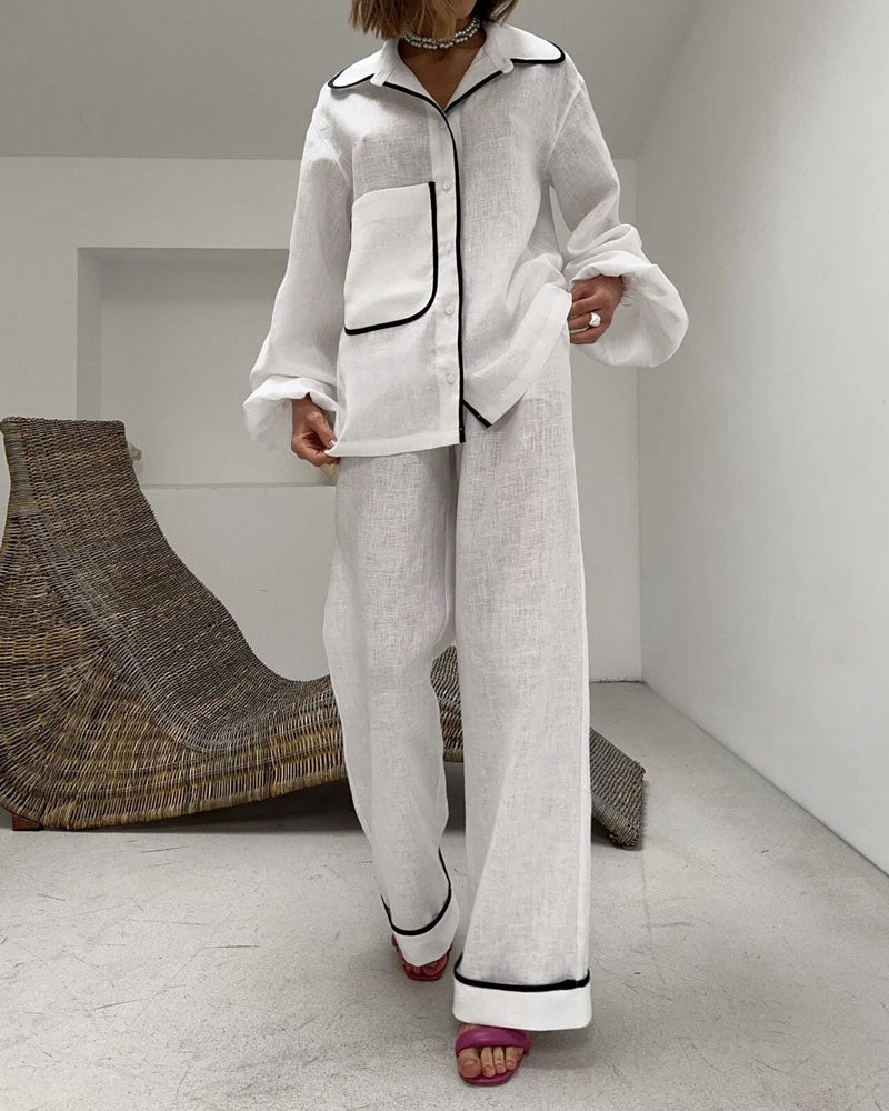 Fashion Contrast Cotton Linen Two-Piece Shirt & Pants Set - Fashionpara