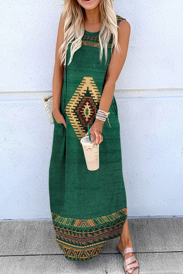 Merced Ethnic Geometric Hippie Print Pocketed Knit Maxi Dress - Fashionpara