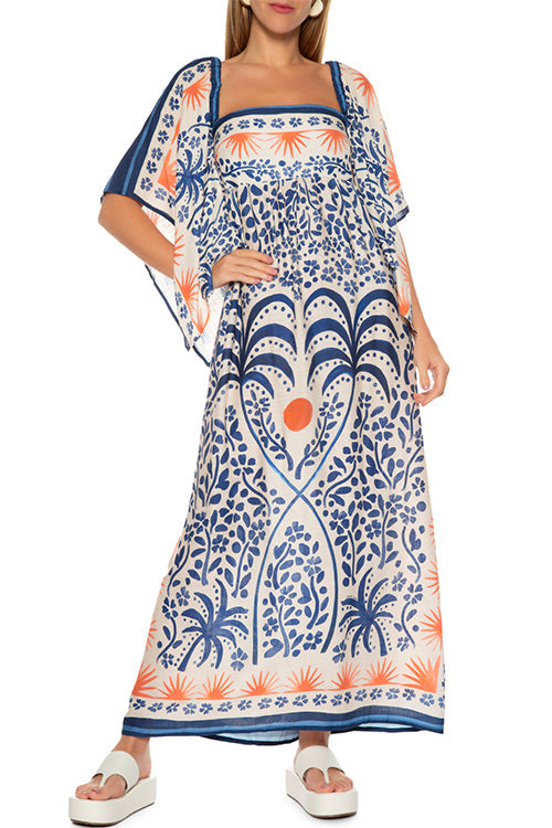 Square Collar Flutter Sleeves Printed Maxi Vacation Dress - Fashionpara