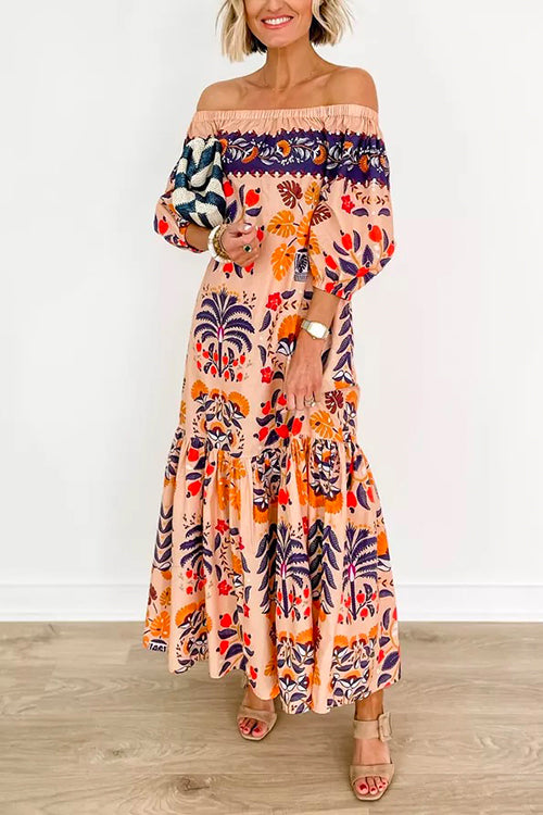 Off Shoulder Lantern Sleeves Printed Ruffle Maxi Dress - Fashionpara